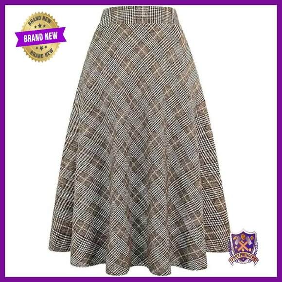 Women's Long Plaid Wool Skirt High Waist A-Line Pleated Fall Winter - Picture 2 of 7